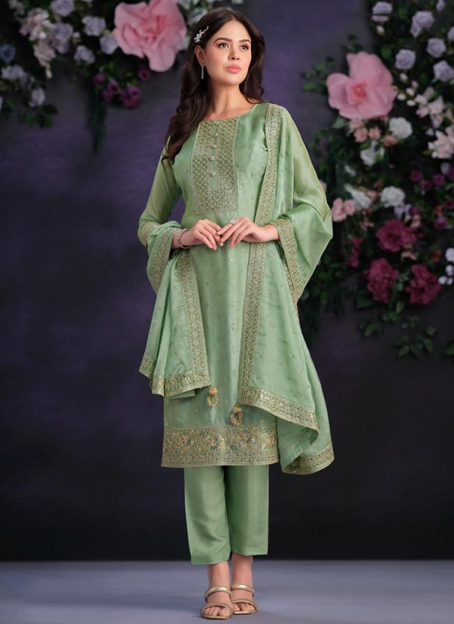 Shimmer Organza Green Festival Wear Embroidery Work Straight Suit